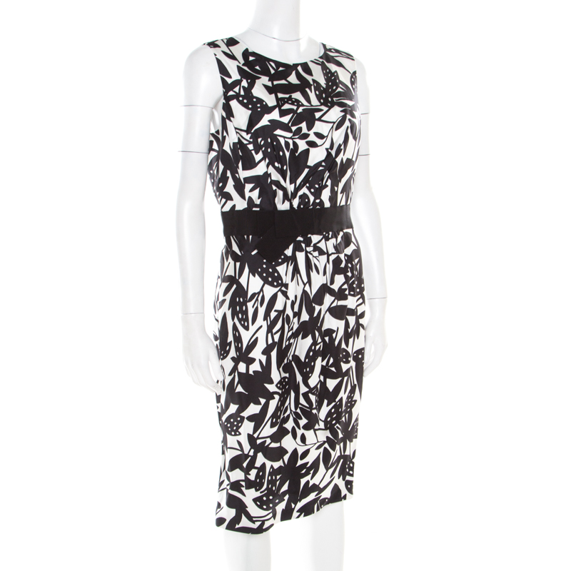 Paule Ka Monochrome Printed Silk Bow Detail Sleeveless Dress M