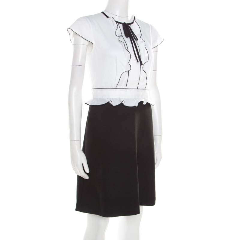 Paule Ka  Monochrome Colorblock Cotton Ruffle Trim Cap Sleeve Dress M