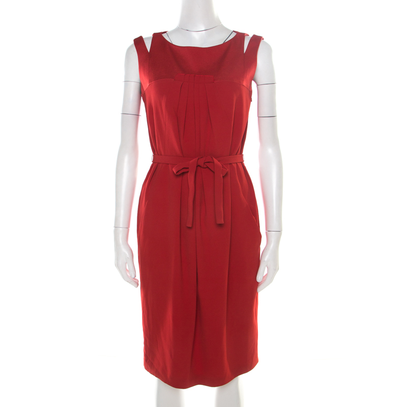 Image of Paule Ka Red Cutout Shoulder Detail Pleated Sleeveless Belted Dress M