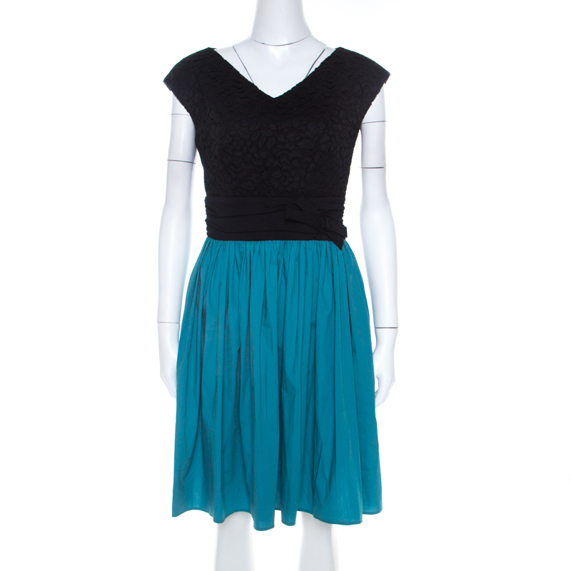 Image of Paule Ka Bicolor Cotton Lace Bodice Ruched Waist Sleeveless Dress M