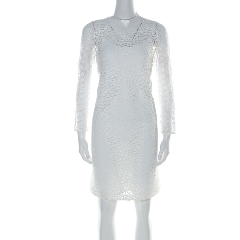 Image of Paule Ka White Multi Lace Long Sleeve Shift Dress M