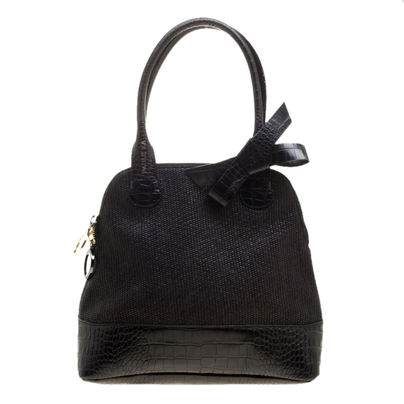 Image of Paule Ka Black Croc Embossed Leather and Woven Straw Bow Satchel