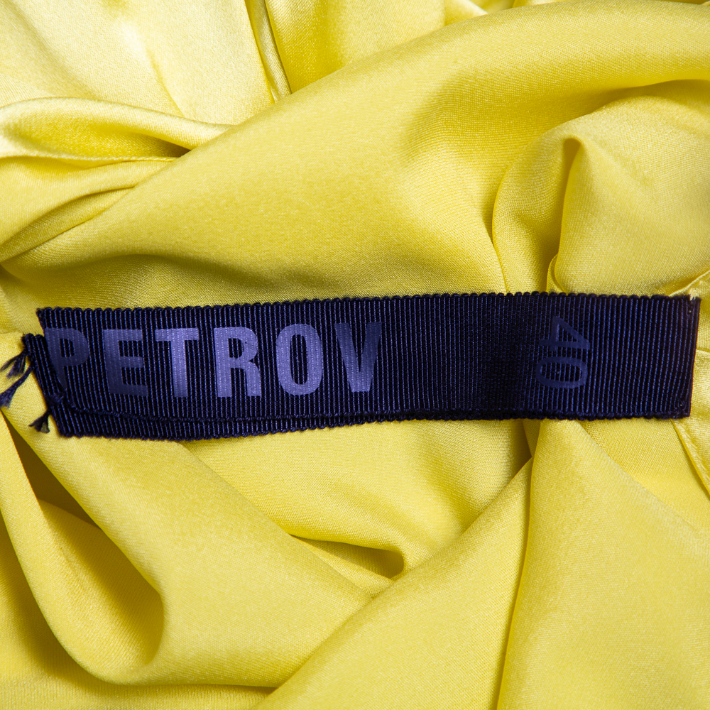 Petar Petrov Yellow Silk Satin Neck Tie Detail Draped Open Back Top S