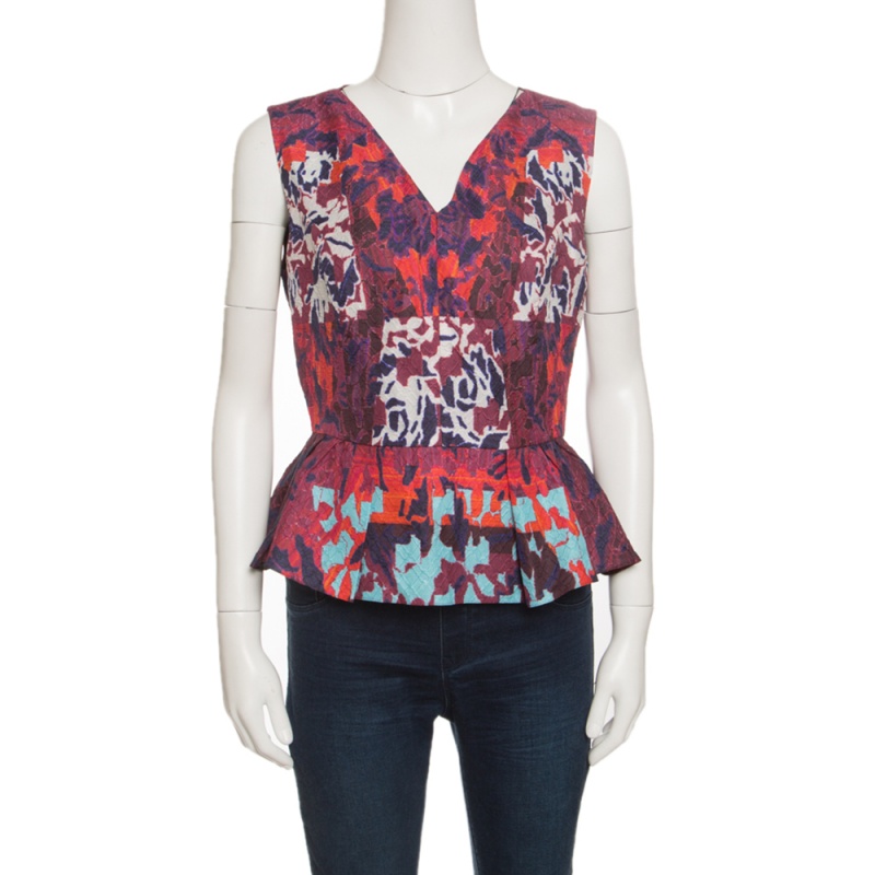 Peter pilotto multicolor textured water orchid print cloque peplum top m