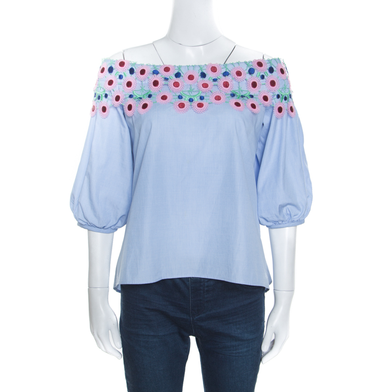 Peter Pilotto Pallas Sky Blue Guipure Lace Trim Off Shoulder Top S