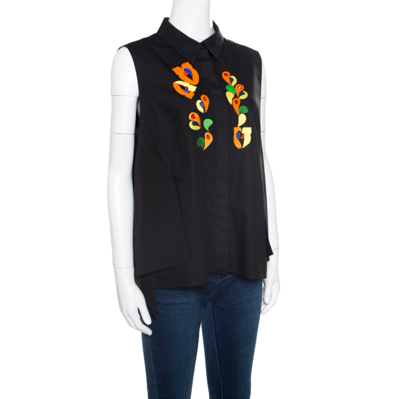 Peter Pilotto Black Embroidered Embellished Cotton Sleeveless Blouse L