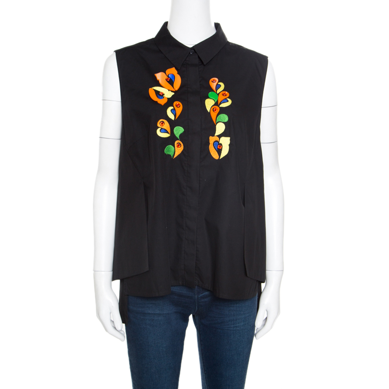 Peter Pilotto Black Embroidered Embellished Cotton Sleeveless Blouse L