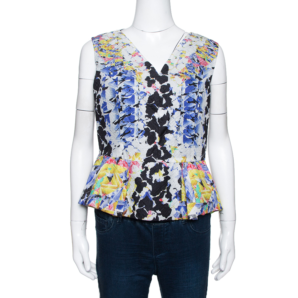 Peter pilotto multicolor printed silk jacquard peplum detail sleeveless top m