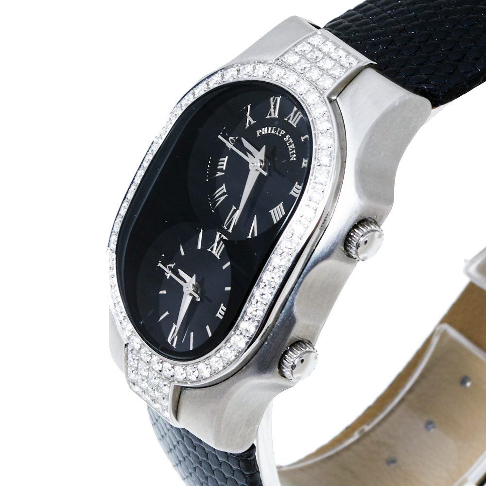 Philip Stein Black Stainless Steel Leather Diamond Signature Teslar Dual Time Women&#039;s Wristwatch 24 mm