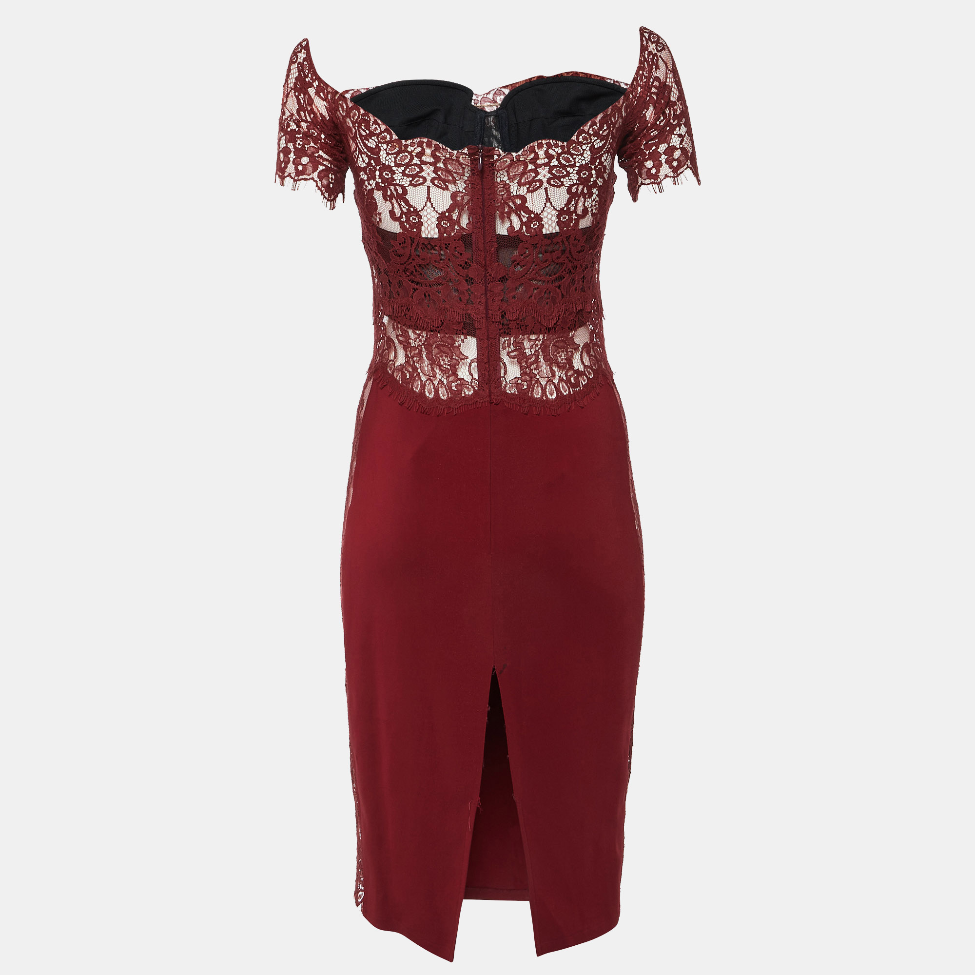 Philipp Plein Deep Red Lace Off Shoulder Midi Dress M