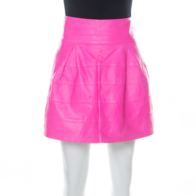Image of Philipp Plein Neon Pink Lamb Skin Mini Skirt M