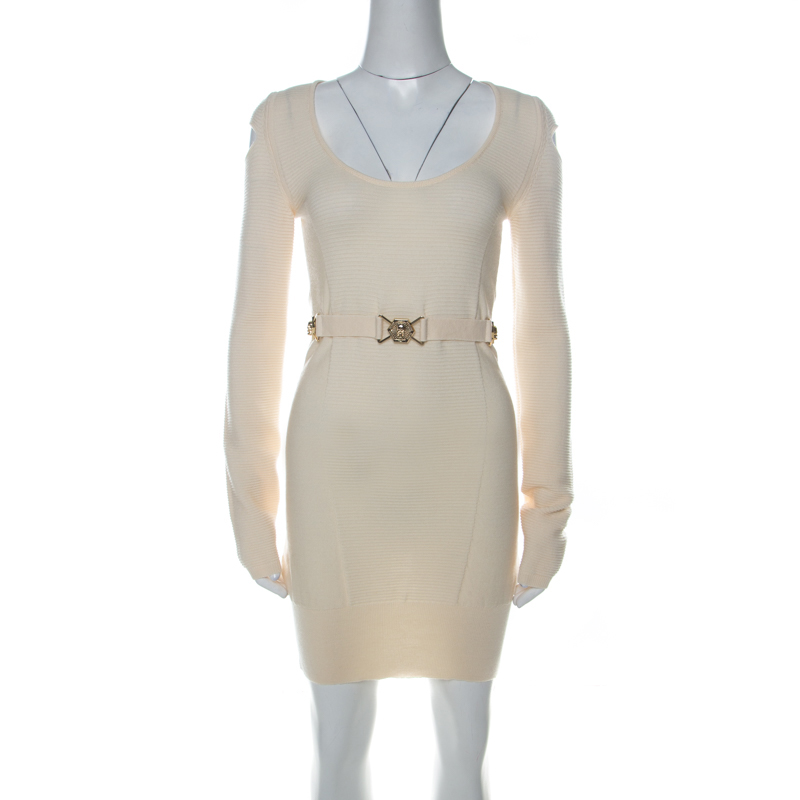 Image of Philipp Plein Couture Cream Knit Cold Shoulder Belted Dress M