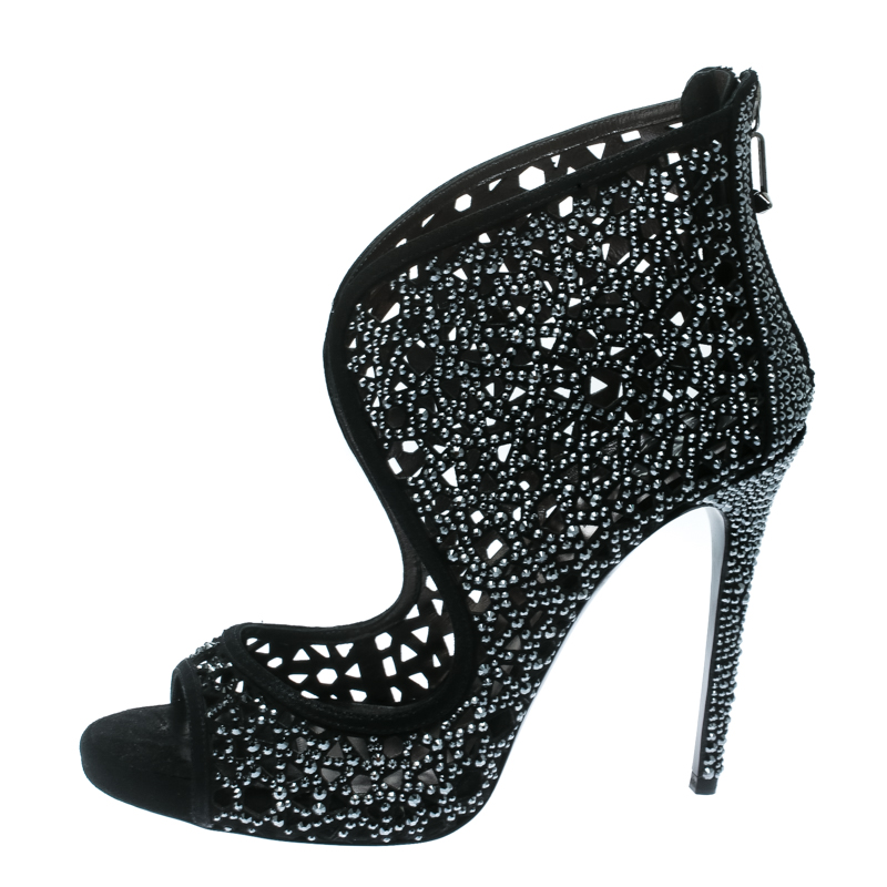 Philipp Plein Black Crystal Embellished Leather Cut Out Open Toe Booties Size 41