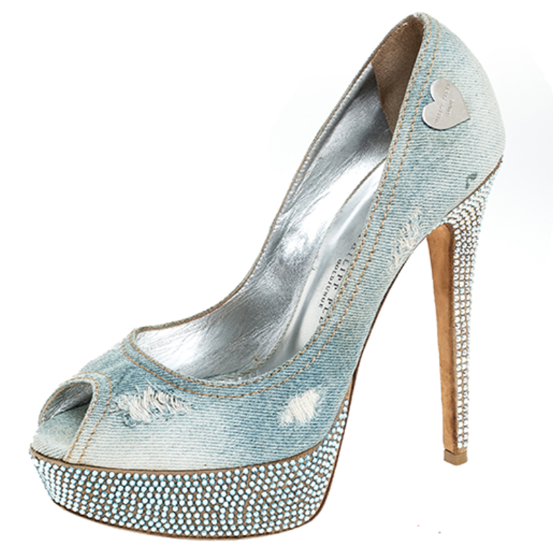 Philipp plein phillip plein blue crystal embellished distressed denim peep toe platform pumps size 39