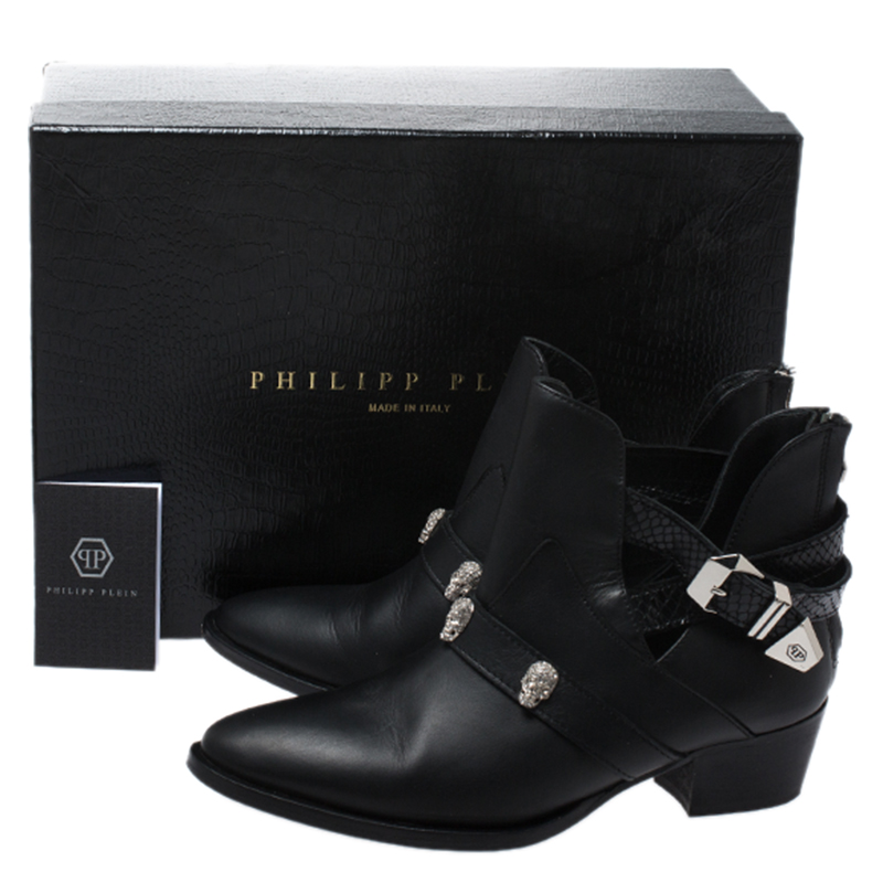 Philipp Plein Black Leather Skull Detail Ankle Boots Size 37