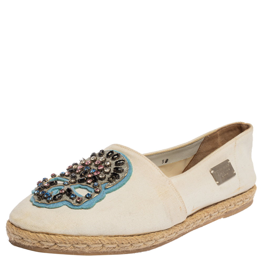 Image of Philipp Plein White Canvas Crystal Embellished Skull Espadrilles Size