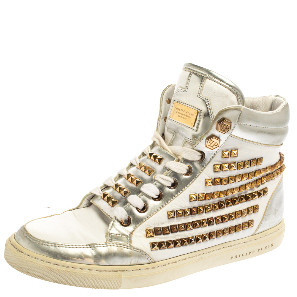 Image of Philipp Plein White Leather Studded High Top Sneakers Size .