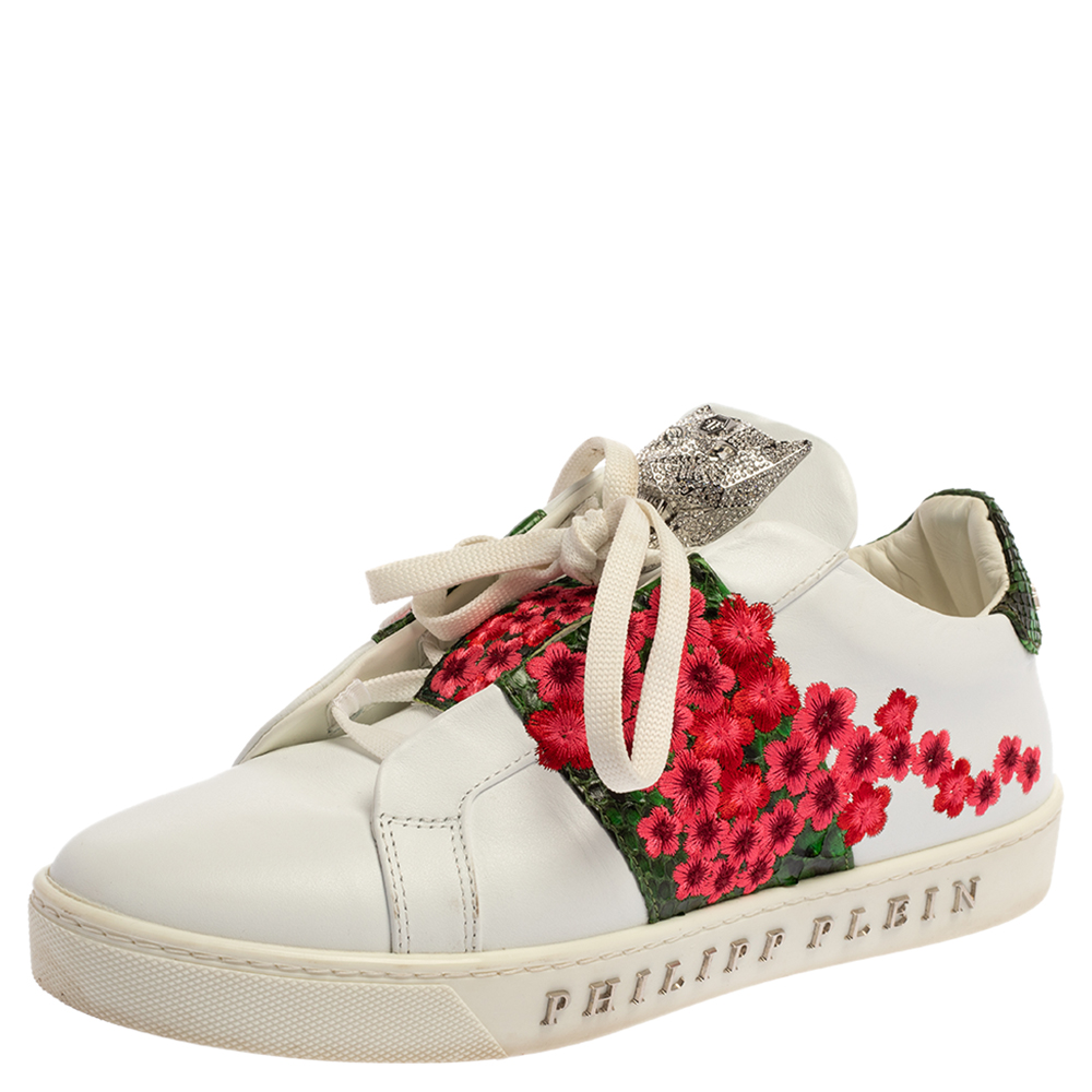Image of Philipp Plein White Floral Embroidered Leather And Python Trim Embellished Low Top Sneakers Size