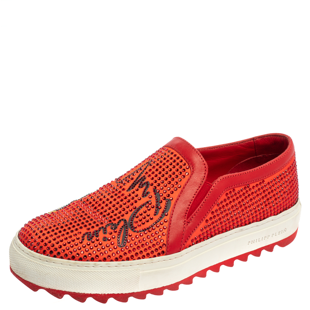 Image of Philipp Plein Red Satin And Leather Trims Crystal Embellished Slip On Sneakers Size