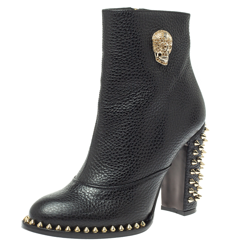 Image of Philipp Plein Black Leather Skull Embellished/Studded Ankle Boots Size