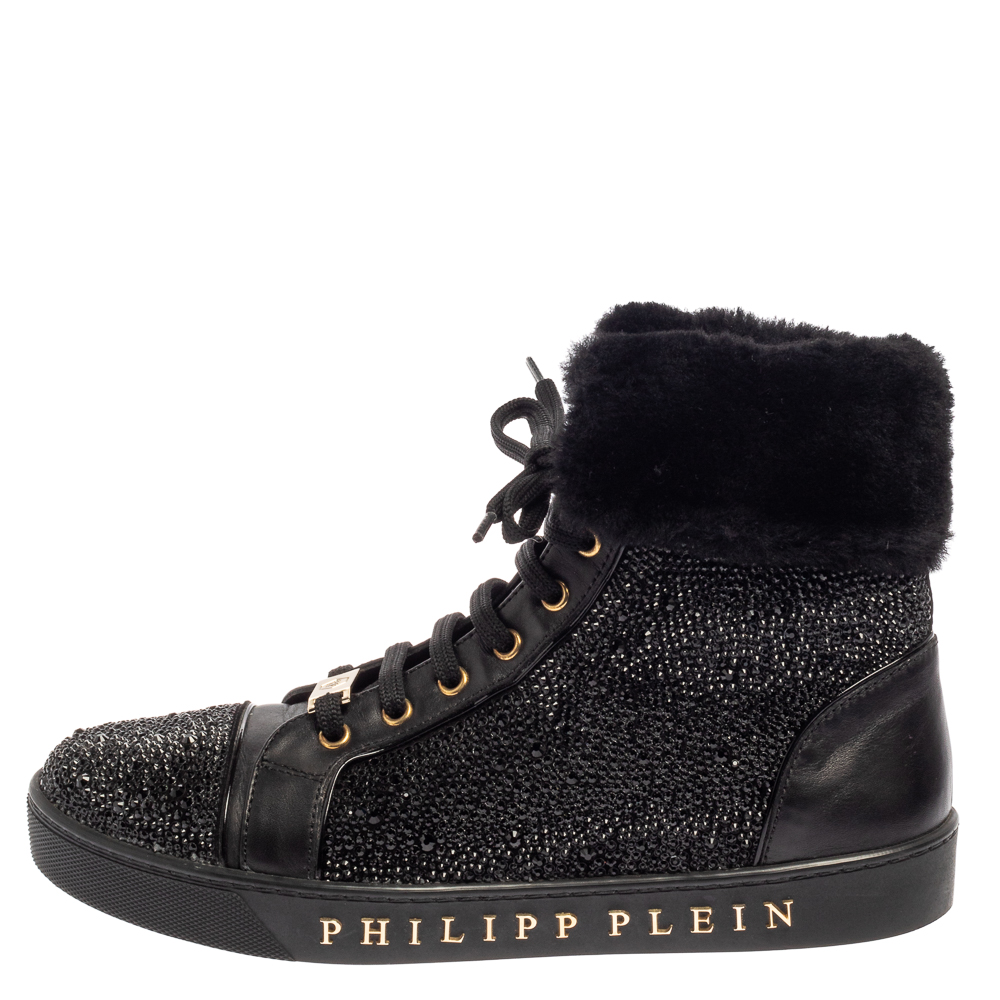 

Philipp Plein Black Leather And Suede Crystal Embellished Fur Trim High Top Sneakers Size