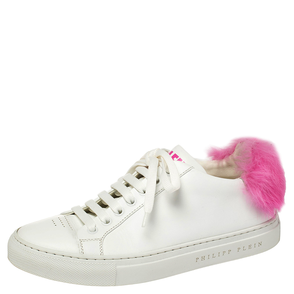 Philipp Plein White/Pink Leather Slumber Party Low Top Sneakers Size 37