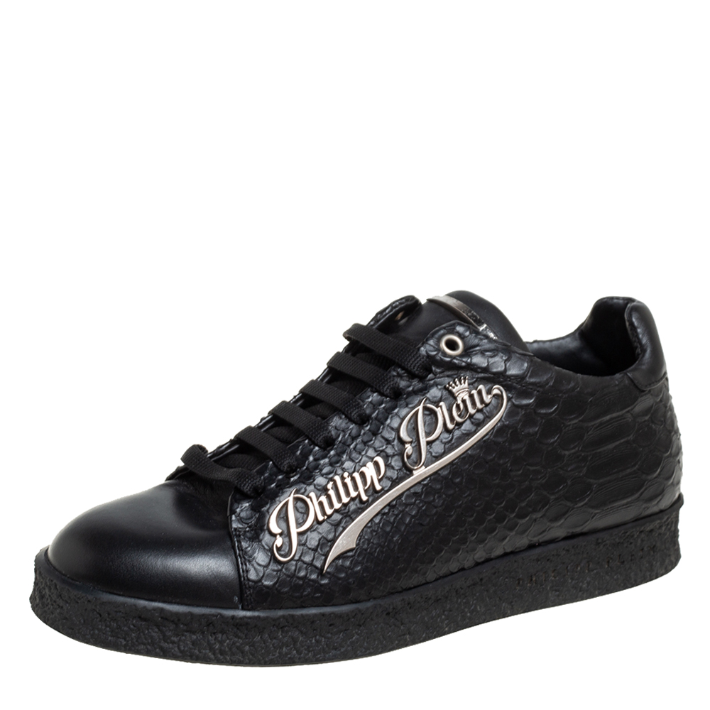 Philipp plein black python embossed leather low top sneakers size 39