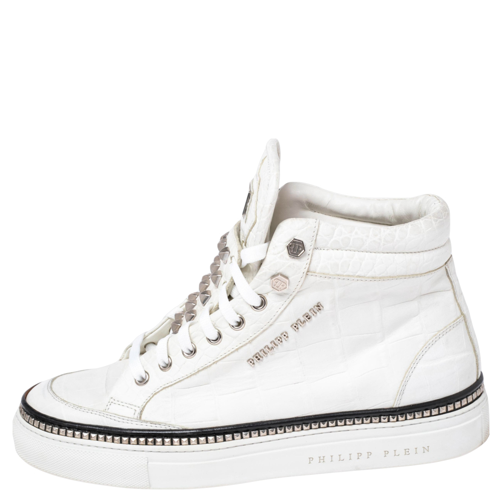 

Phillip Plein White Croc Embossed Leather Crazy High Top Sneakers Size