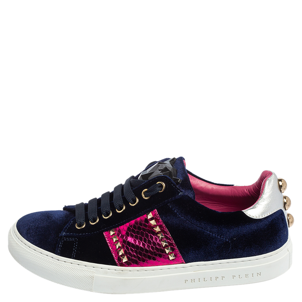 

Philipp Plein Navy Blue/Pink Velvet and Leather Studded Low Top Sneakers Size