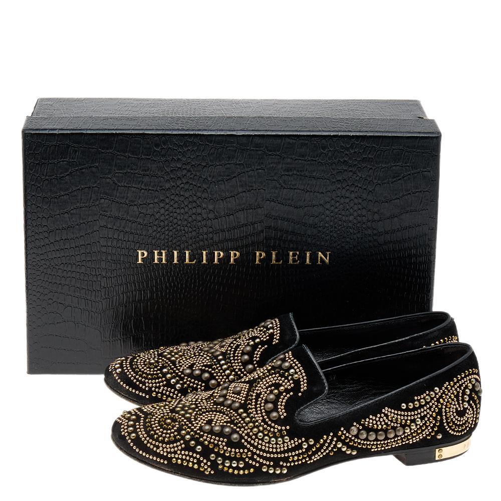 Philipp Plein Black Suede Embellished Smoking Loafers Size 37
