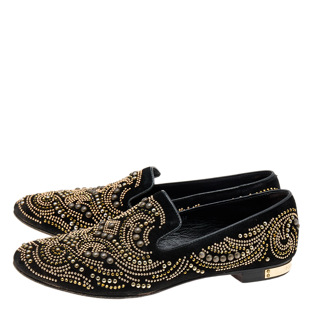 Philipp Plein Black Suede Embellished Smoking Loafers Size 37