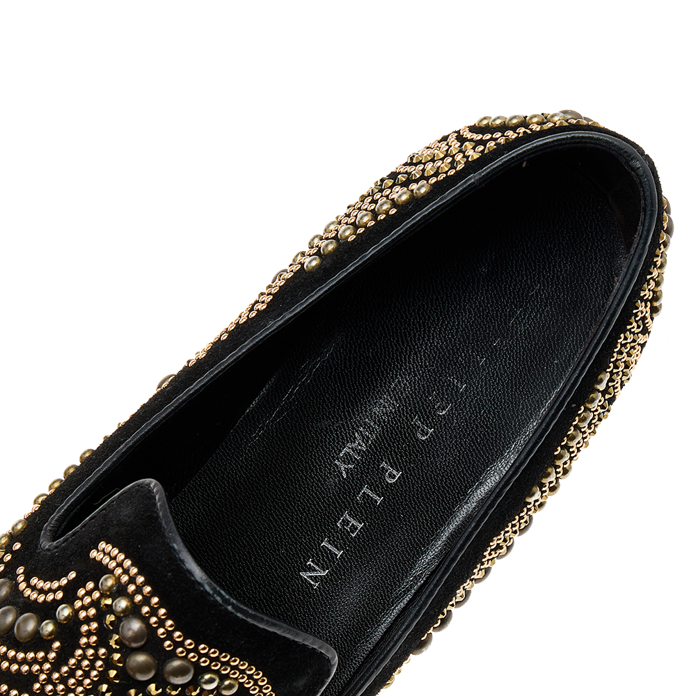 Philipp Plein Black Suede Embellished Smoking Loafers Size 37