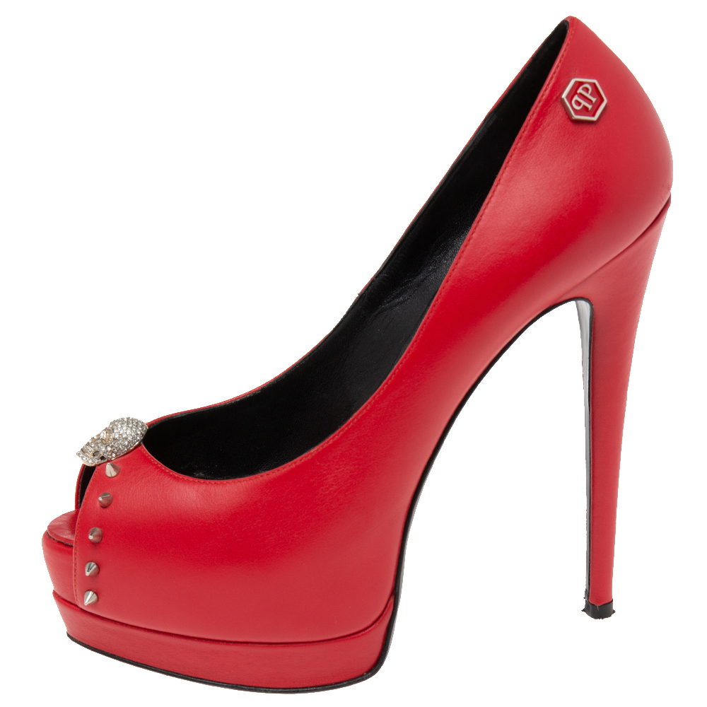 

Philipp Plein Red Leather Skull Embellished Peep Toe Platform Pumps Size