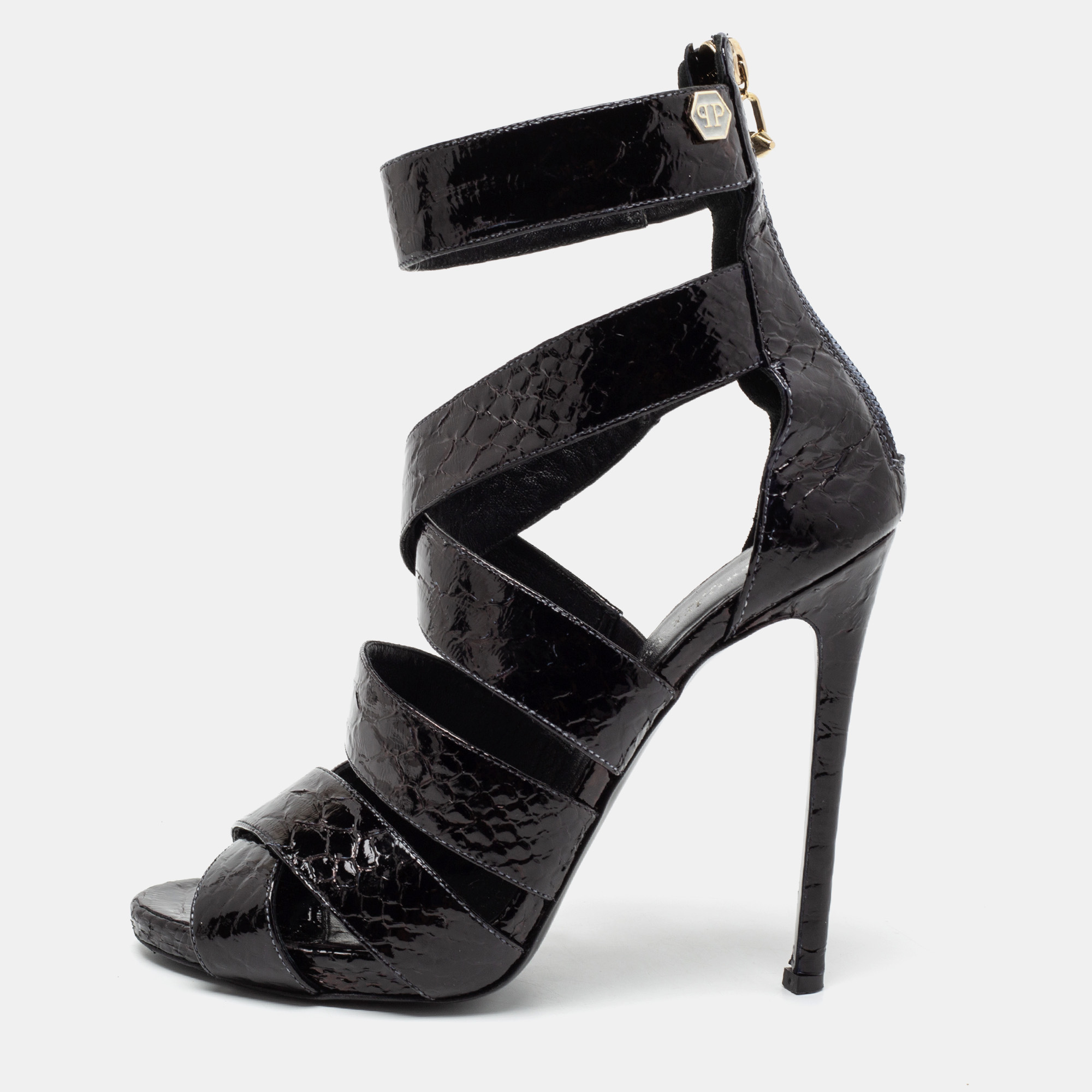 Philipp plein black python embossed leather strappy sandals size 38