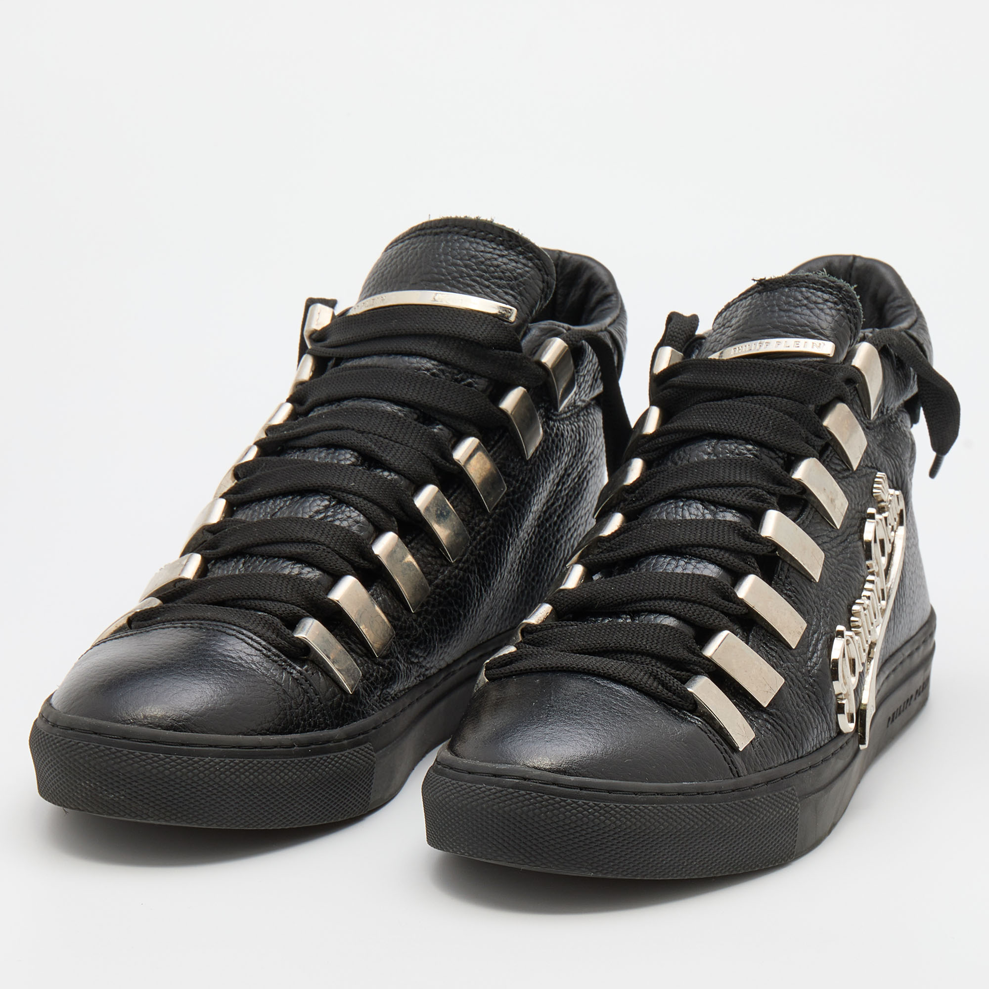 

Philipp Plein Black Leather Logo Hight Top Sneakers Size