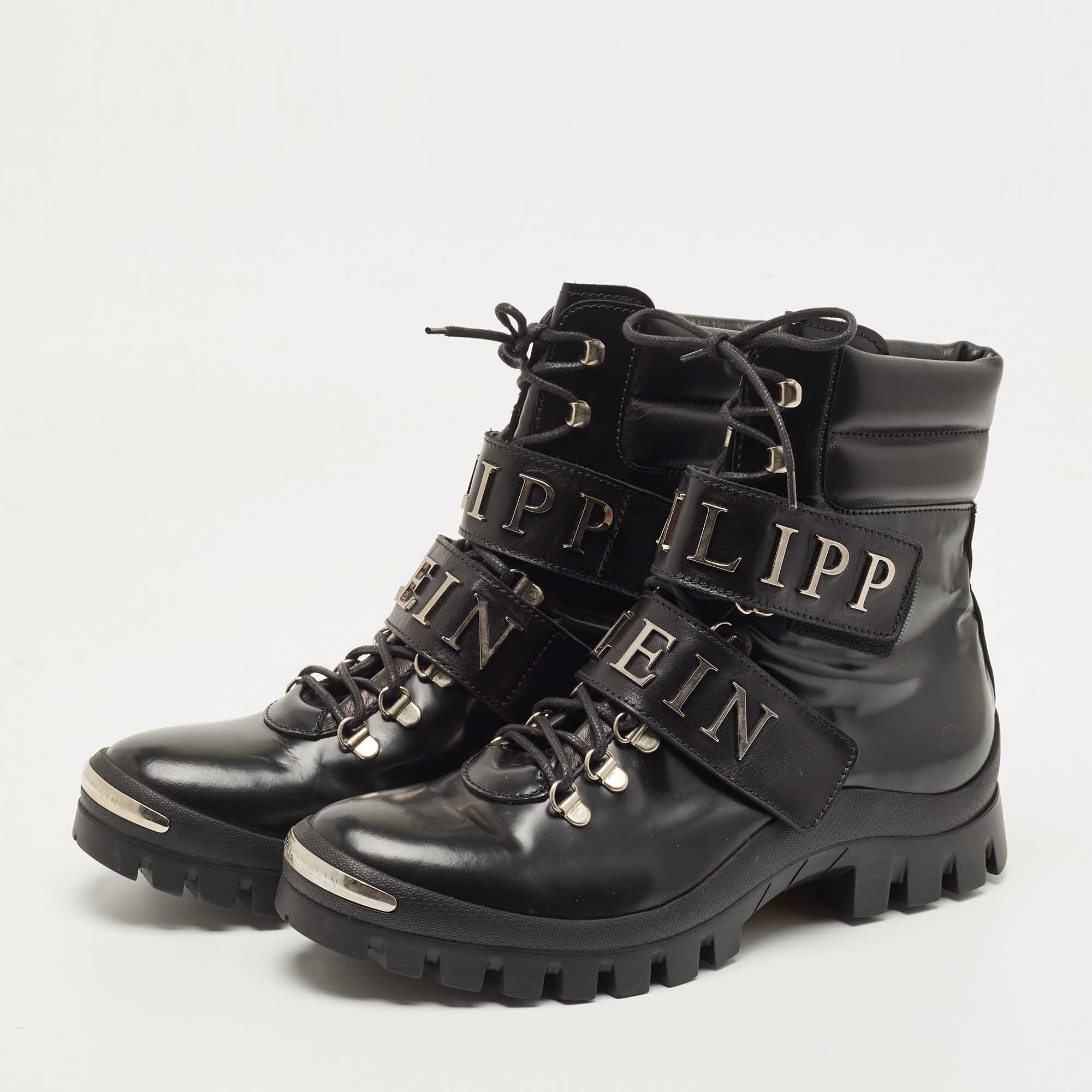 

Philipp Plein Black Leather Tie Up Ankle Boots Size