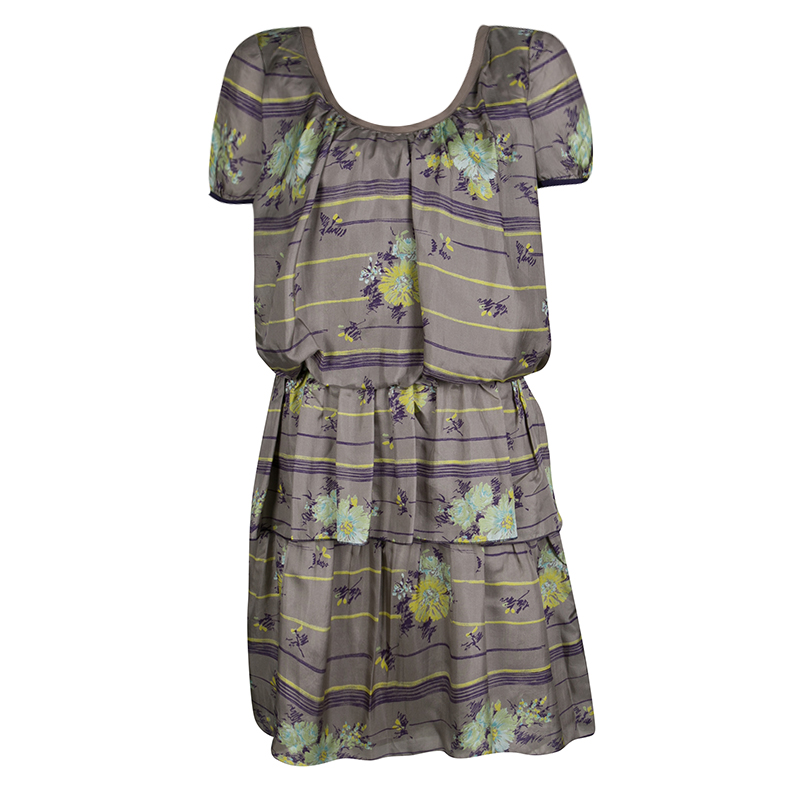 Philosophy Di Alberta Ferretti Grey Floral Printed Silk Tiered Dress S