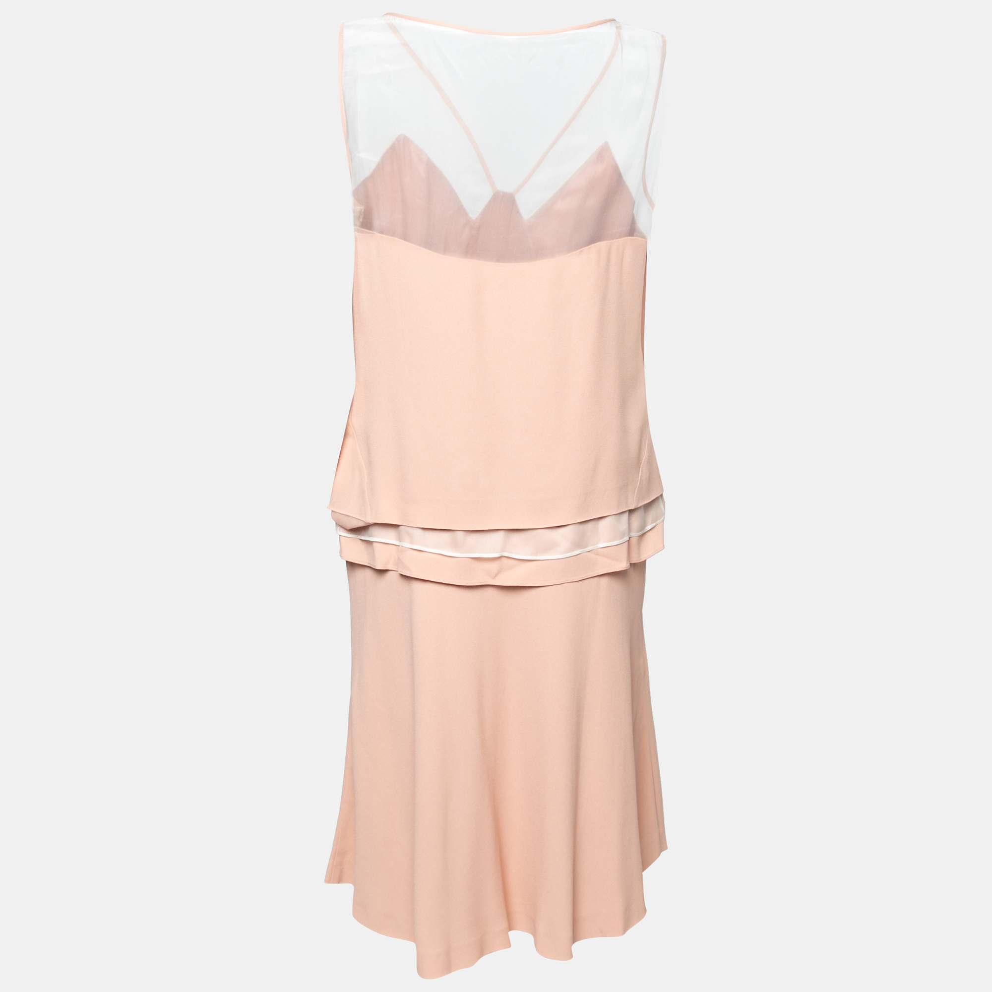 

Philosophy Coral Pink Crepe Sheer Yoke Detail Tiered Sleeveless Dress