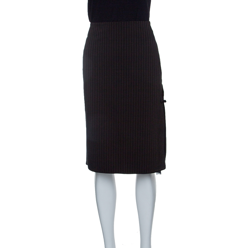 Image of Philosophy di Alberta Ferretti Brown Striped Flocked Chiffon Insert Pencil Skirt M