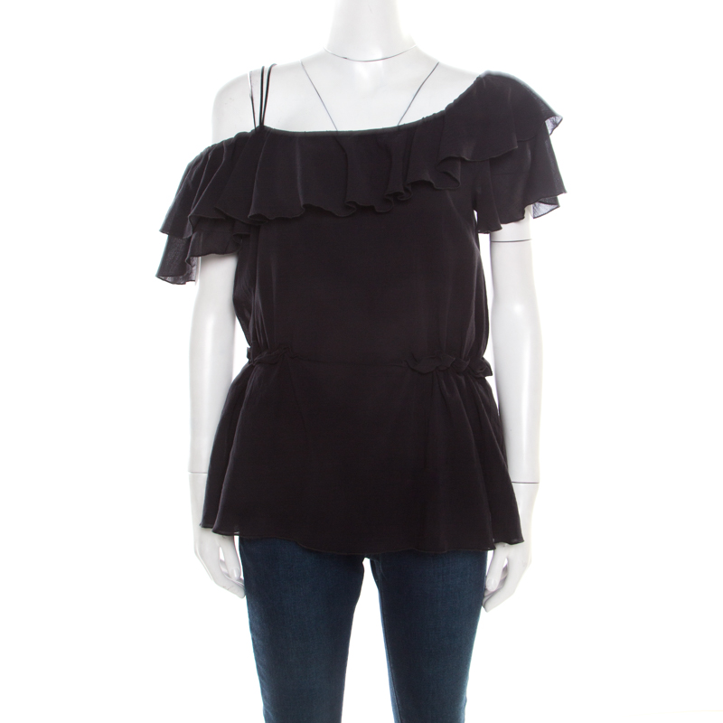 Image of Philosophy Navy Blue Cotton Ruffled Top M