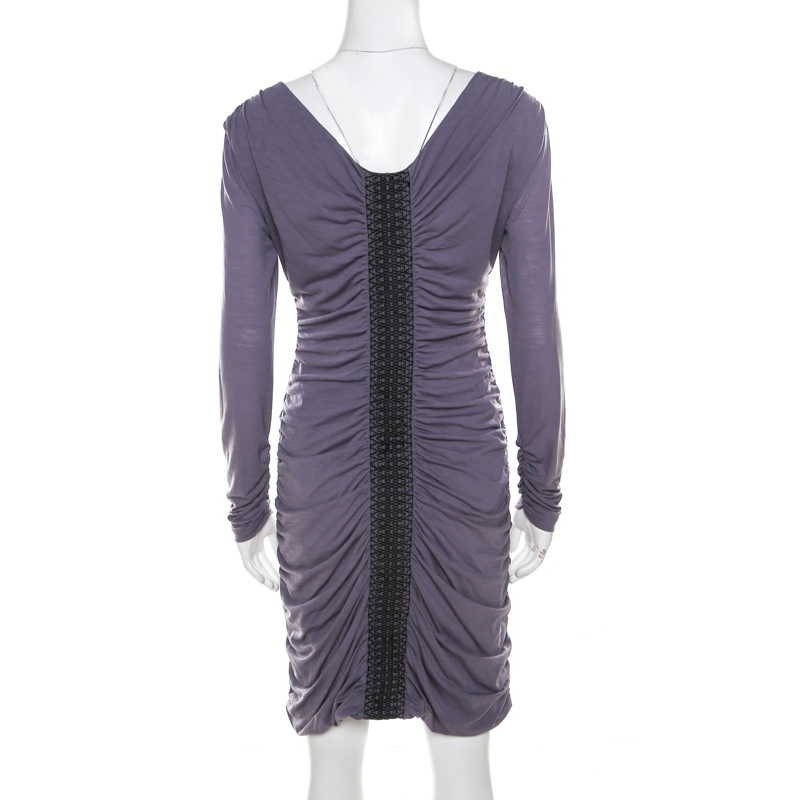 Philosophy Di Alberta Ferretti Lilac Jersey Embroidered Ruched Detail Dress M