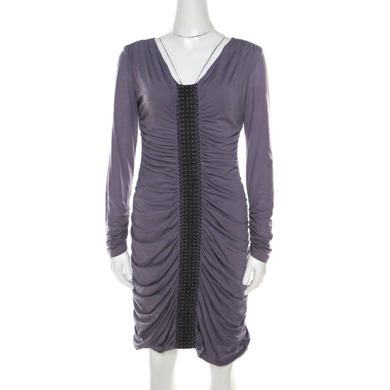 Philosophy Di Alberta Ferretti Lilac Jersey Embroidered Ruched Detail Dress M