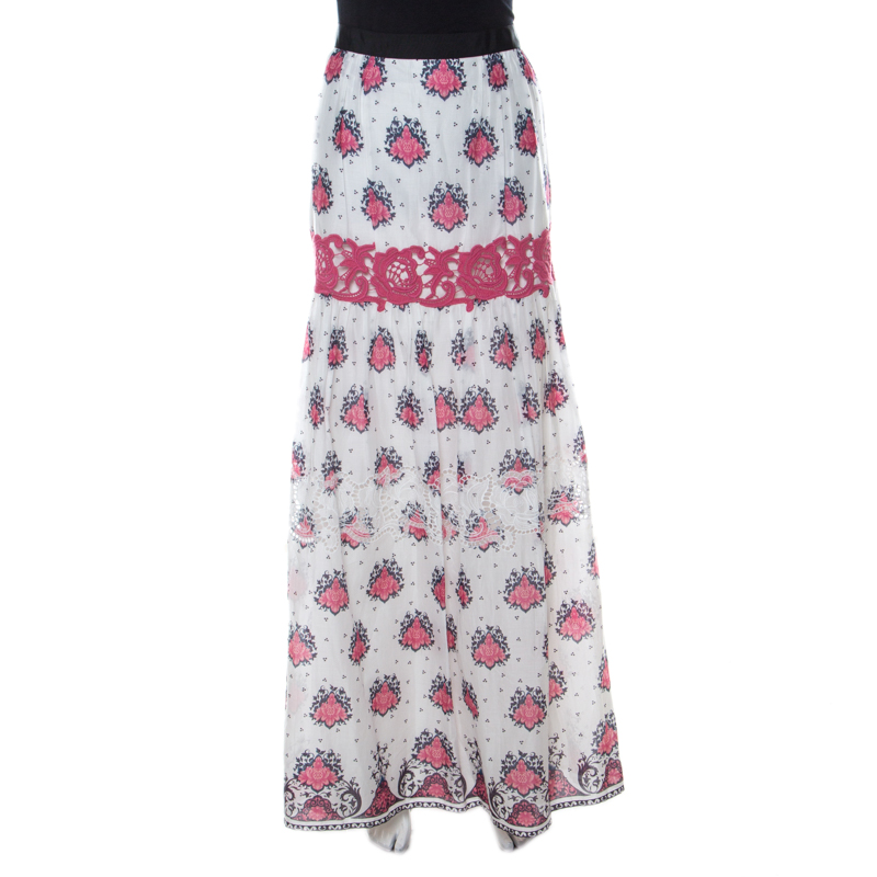 

Philosophy di Alberta Ferretti White & Pink Cotton Floral Print Lace Insert Maxi Skirt