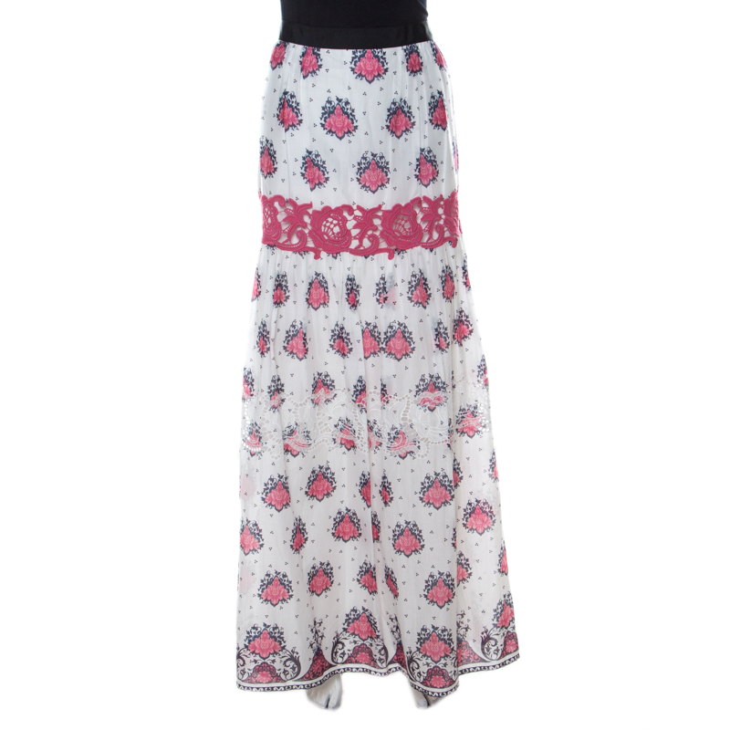 Philosophy Di Alberta Ferretti White & Pink Cotton Floral Print Lace Insert Maxi Skirt L