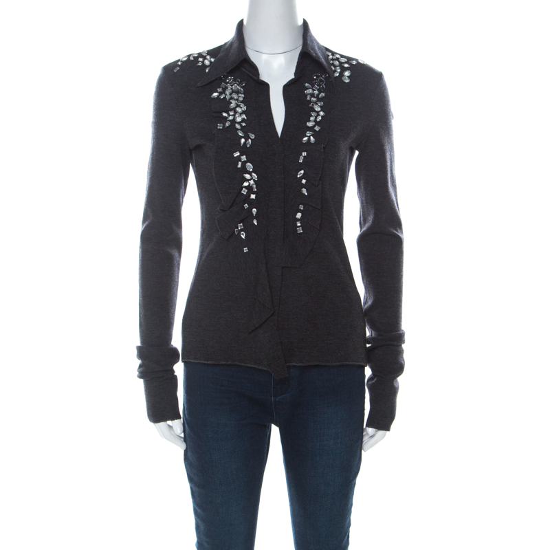 Image of Philosophy Di Alberta Ferretti Dark Grey Wool Embellished Ruffle Detail Long Sleeve Top M