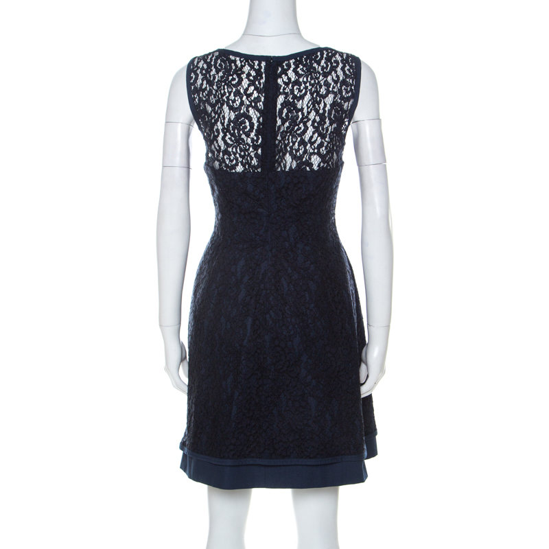 Philosophy Di Alberta Ferretti Navy Blue Cotton Blend Sleeveless Lace Dress S