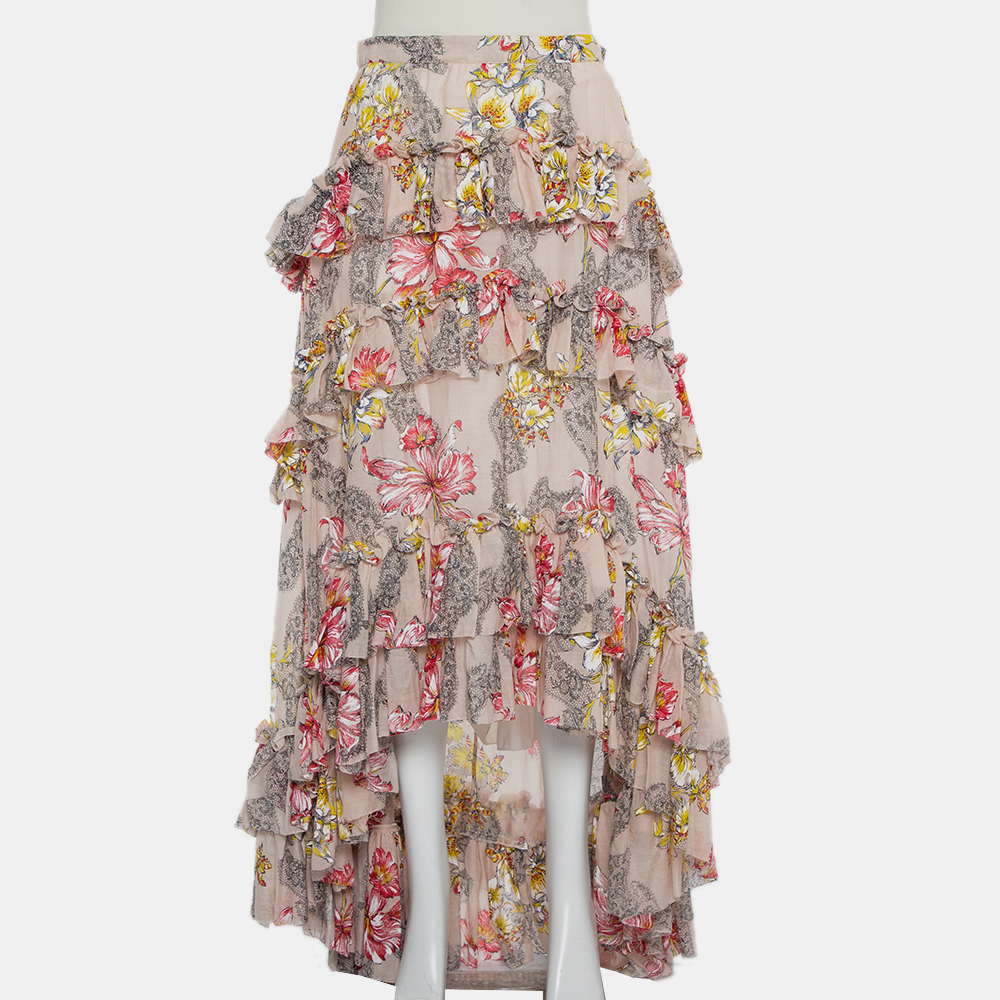 Philosophy beige floral printed cotton & silk ruffled asymmetric hem midi skirt m