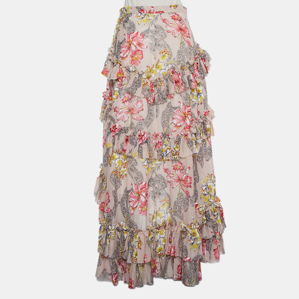 Philosophy Beige Floral Printed Cotton & Silk Ruffled Asymmetric Hem Midi Skirt M