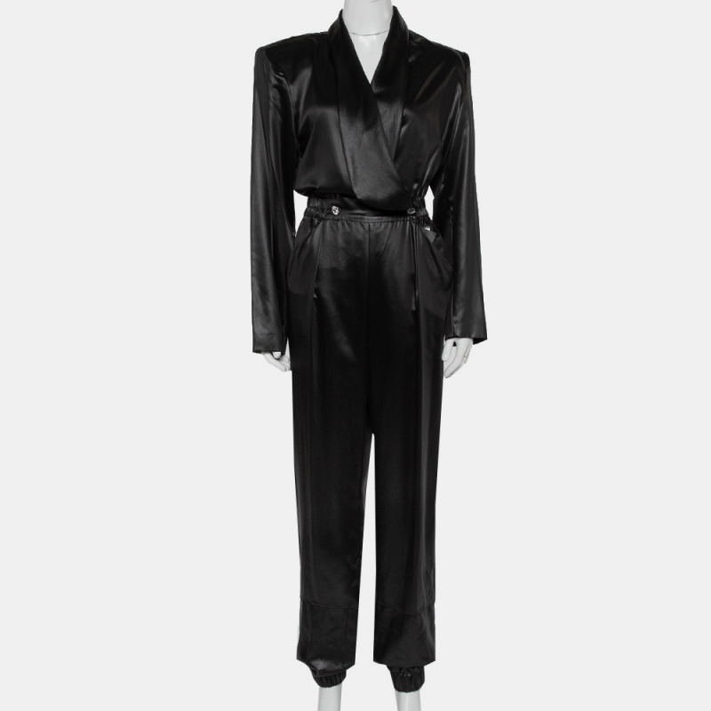 Philosophy Di Lorenzo Serafini Black Sateen V-Neck Buttoned Jumpsuit M