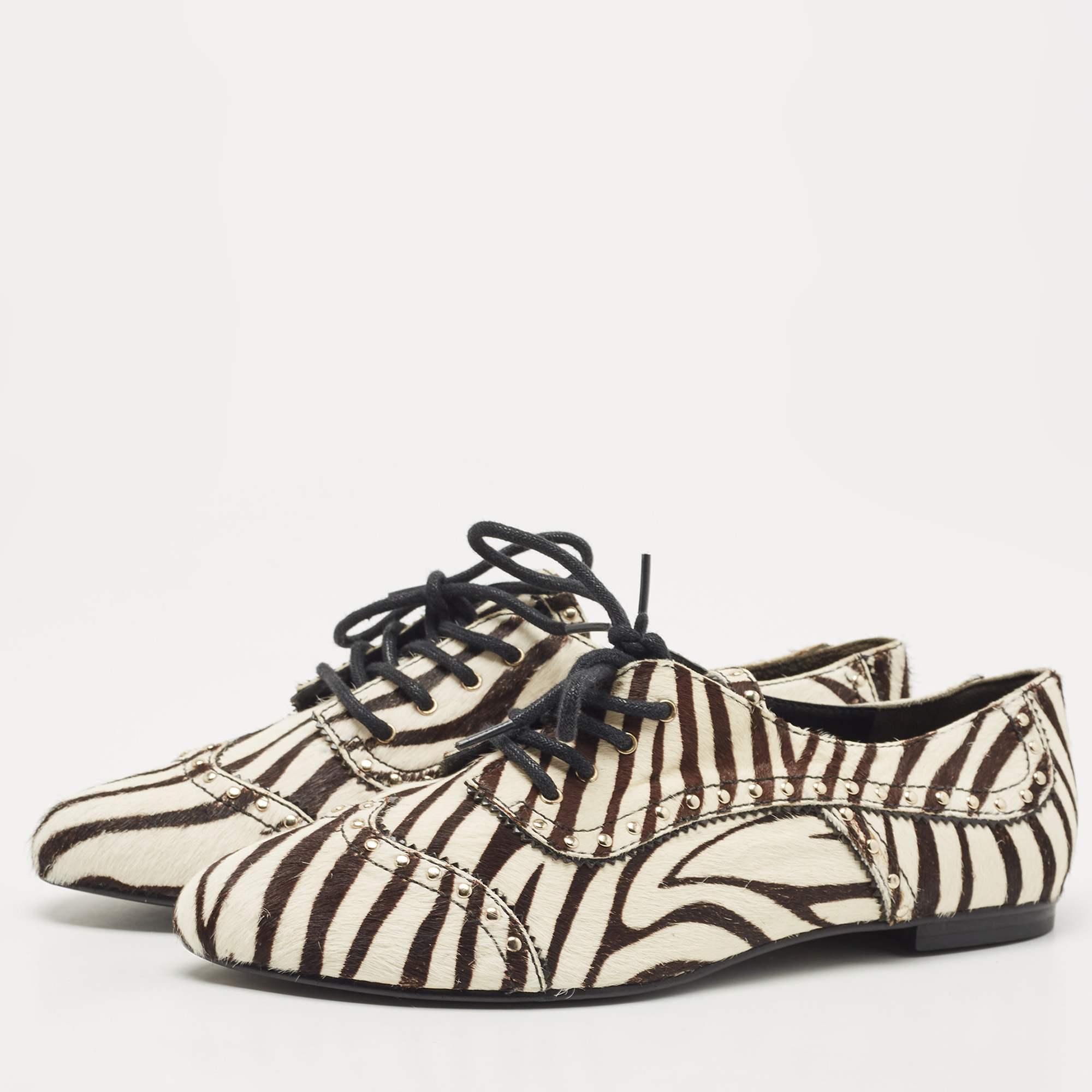 

Pierre Balmain Brown/White Zebra Print Calf Hair Studded Lace Up Derby Size